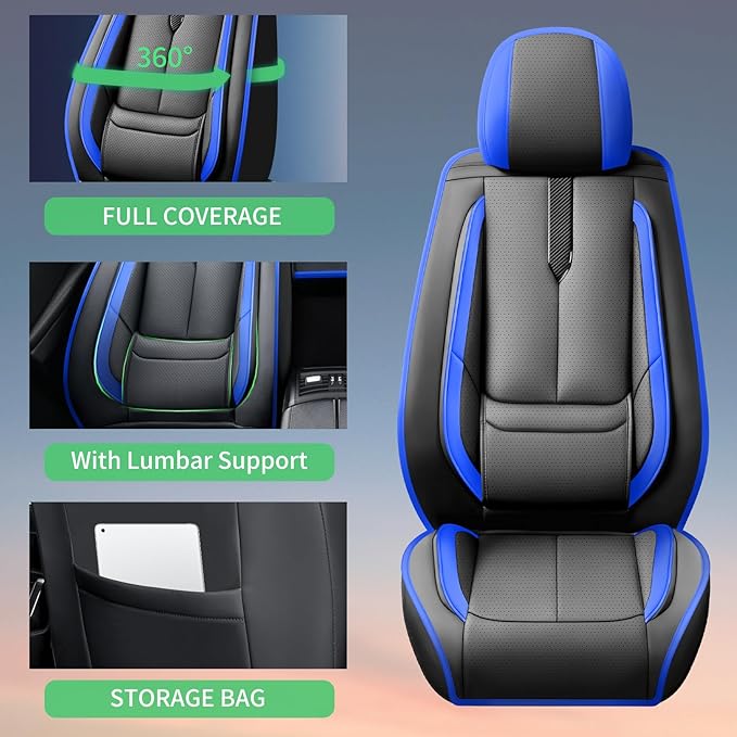 Fit Yaris Car Seat Covers for Toyota Yaris 2008-2018 2019 2020-Upgraded Premium Waterproof & Breathable Leather,Airbag Compatible,All-Weather Seat Cushion Protector,Full Set,Black-Blue