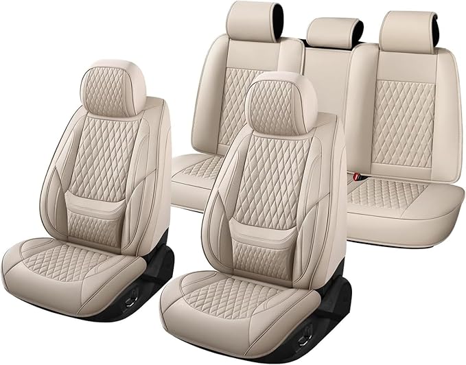 Car Seat Covers Full Set Custom Fit for Ford Fiesta 2011-2019 - Premium Faux Leather with Lumbar Support | Breathable, Waterproof, Anti-Slip, Durable (Beige,Full Set)