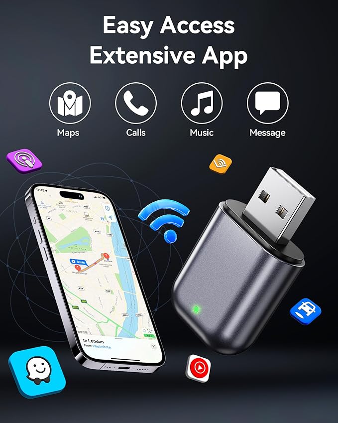 Burnt Sugar Wireless Carplay Adapter for iPhone 2026 Upgraded, Ultra-Mini USB for Apple Car Play Convert Wired to Wireless, Stable Low-Lag GPS Plug & Play for iOS 10+ & Cars from 2016+ (Bright Gray)