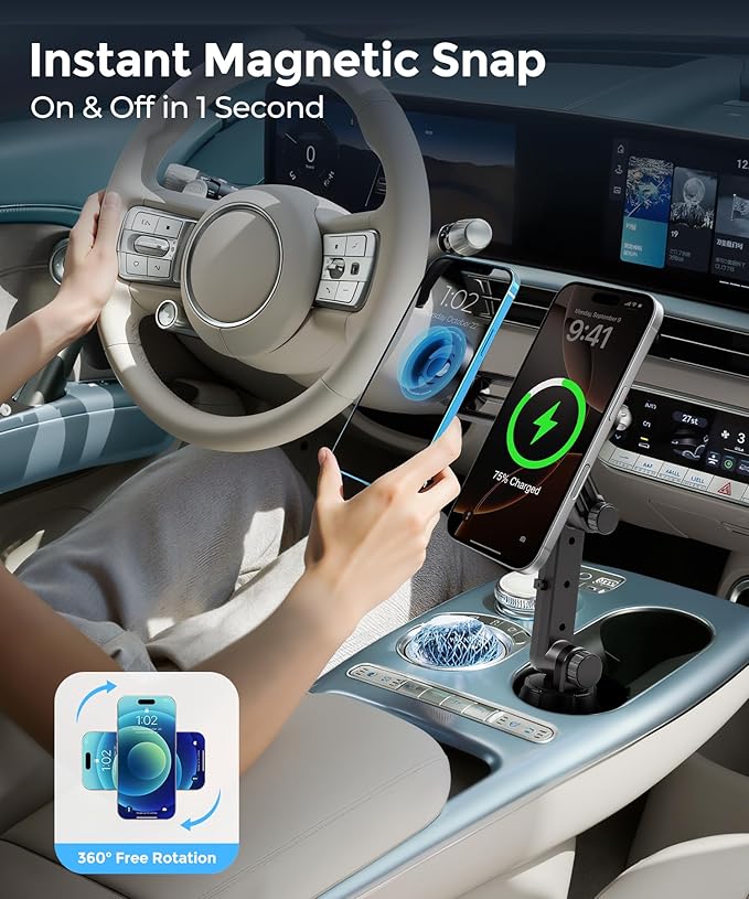 Dual Cup Phone Holder for Car, Cup Mount, Holds 2 Phones Simultaneously, Qi2.2 Max 25W Fast Wireless Car Charger Phone Mount, Compatible with MagSafe ＆ All 4.0-7.0 Inch Smartphones