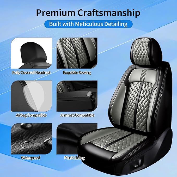 Fit Bolt Car Seat Covers for Select Chevrolet Bolt/Bolt EUV 2017-2025, Premium Full Coverage Leather, Airbag Compatible, Waterproof All Weather Seat Cushion Protector, Full Set, Black+Gray