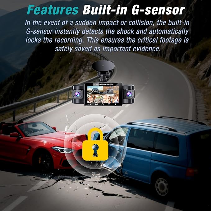 4 Channel 2.5K Dash Cam Front Rear Left Right, 170° Wide Angle Car Dash Camera with 5GHz WiFi & App Control, G-Sensor, Super Night Vision, 24H Parking Monitor, Loop Recording, 64GB SD Card Included