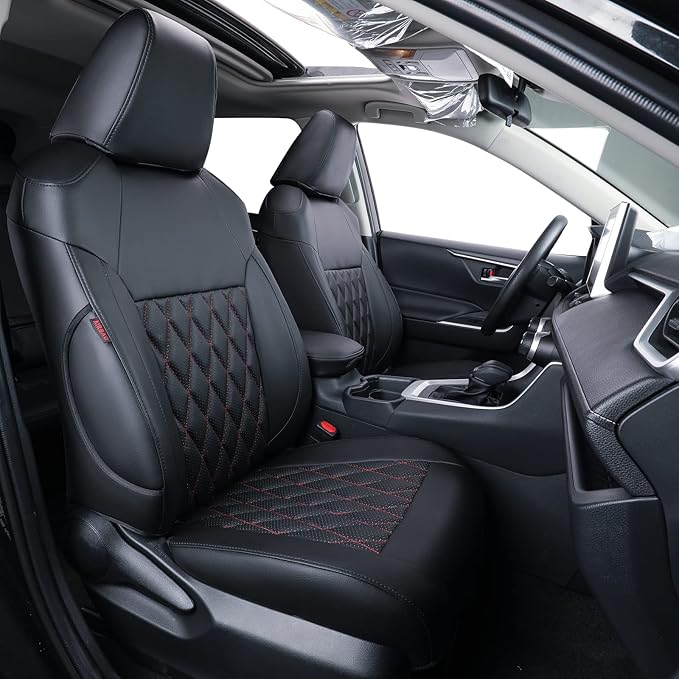 coverdream RAV4 PHEV Leather Seat Covers Full Set for 2019-2025 Toyota RAV4 Hybrid XSE,Hybrid SE,Prime SE/XSE,Fully Covered,Luxury Waterproof Car Seat Protector (Black & Diamond)