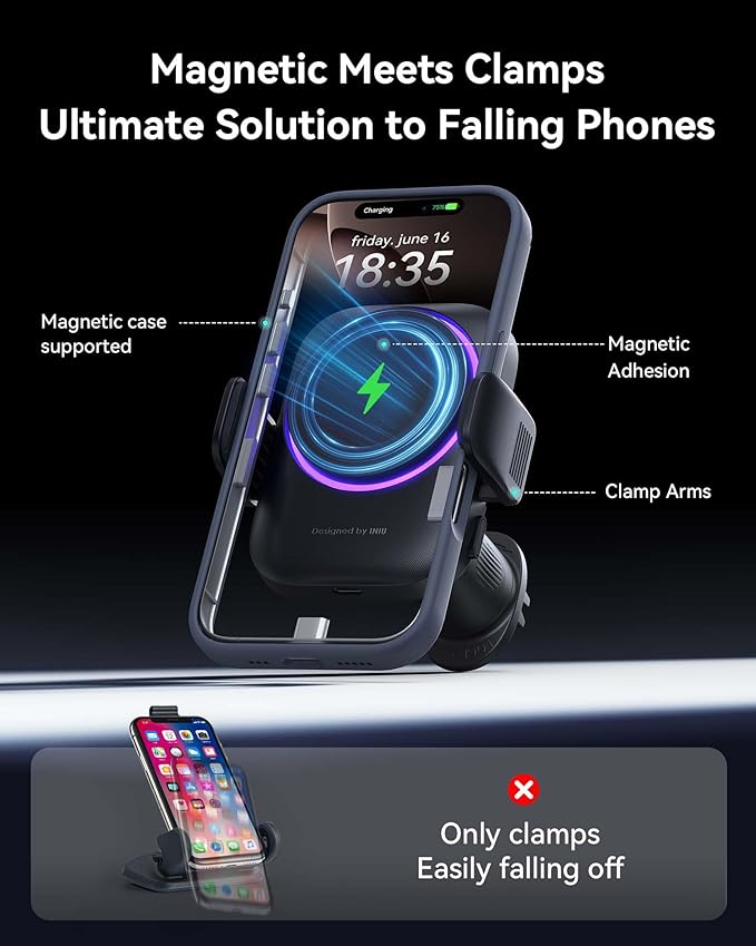 INIU Qi2 Certified 15W Car Phone Holder Wireless Charger, Ultra-Stable 22N for MagSafe Car Mount Charger with Cooling Fins & RGB Lighting for iPhone 16/15/14/13/12 Series, Yellow