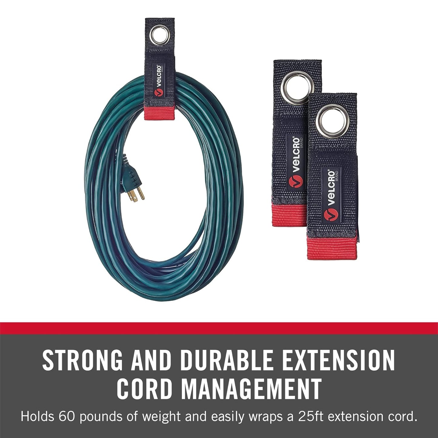 VELCRO Brand Extension Cord Organizer Holder. Heavy Duty Straps for Garage Organization and Storage. Rust Resistant Grommet Hangs Easily on Wall 2pk,Small 10-inch,60bs Weight Rating,Black
