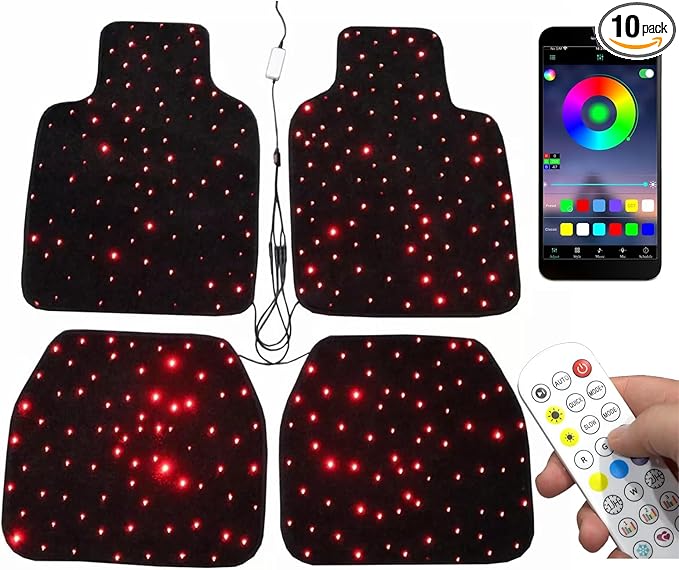 Luxury Starlight LED Car Floor Mats, 4pcs Starry Star Light Floor Mats Washable Fiber Optic Lights APP/Remote Control Music Mode Sound Activated Interior Lights for Cars, SUVs, Trucks