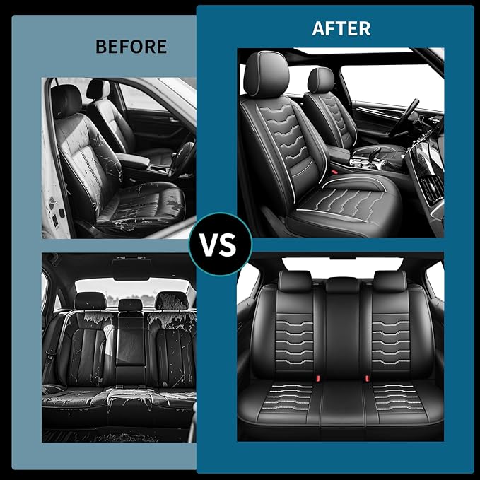 Fit Tucson Car Seat Covers Premium Leather for Hyundai Tucson 2010-2025 2026. Waterproof， Breathable, Scratch-Resistant & All-Weather Seat Cushion Protector (Front Seat, White Line Black)