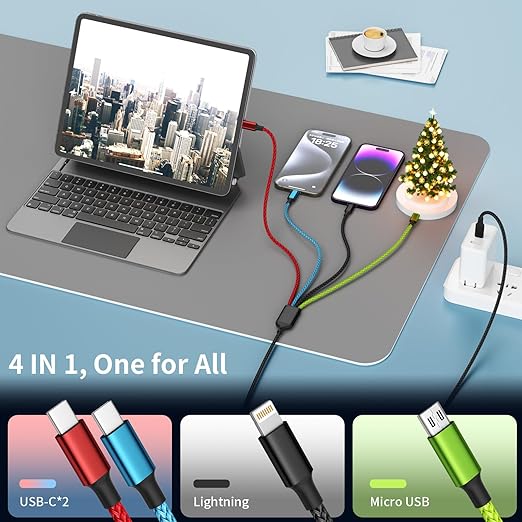 USB C Multi Charging Cable, Dual USB C 4 in 1 Charging Cable, Multi Chargers for All Devices with IP/Type C/Type C/Micro Port, Compatible with Most Cell Phones/Tablets and More [2Pack 5FT]