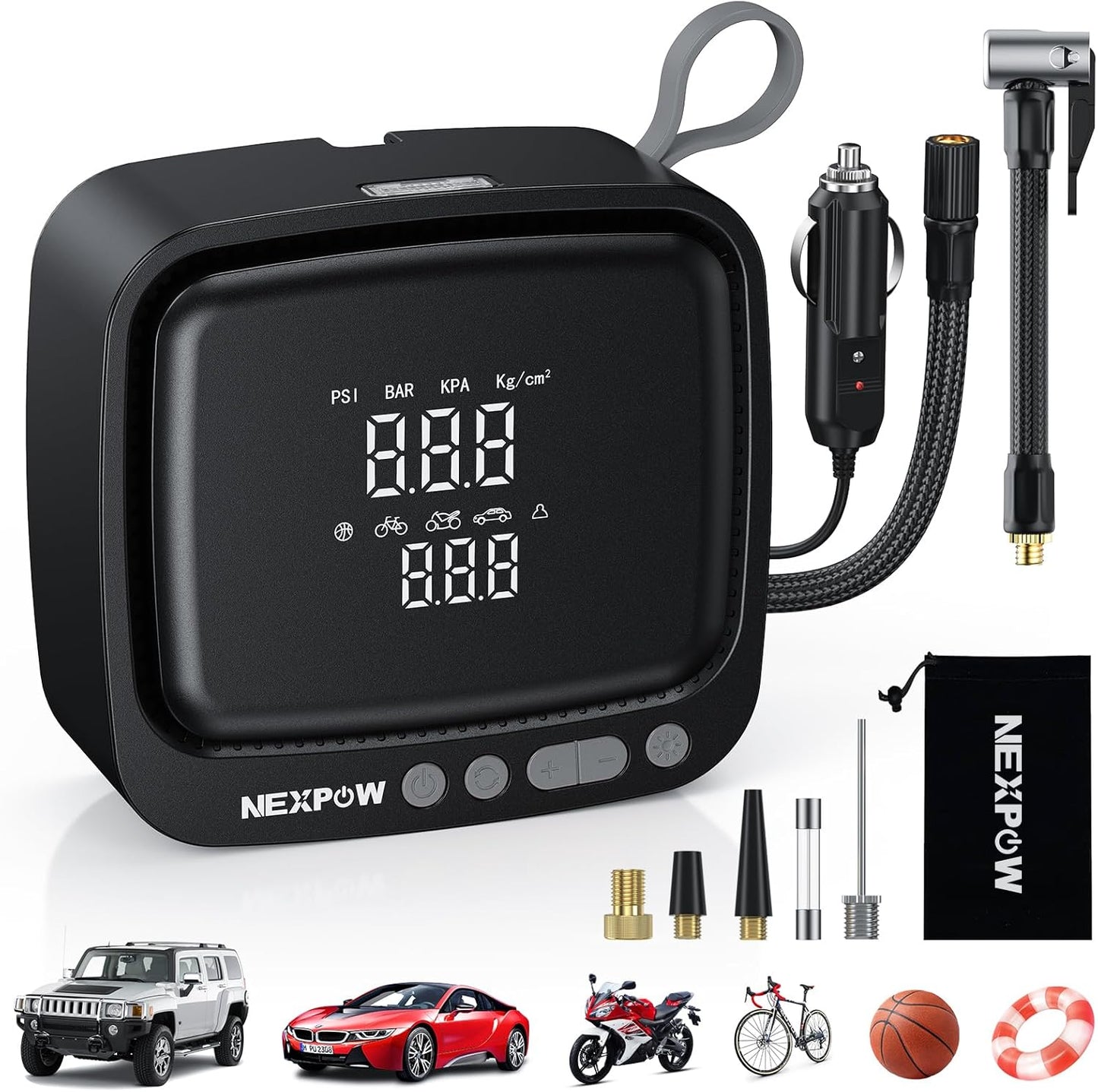 Tire Inflator Portable Air Compressor, NEXPOW 150PSI 12V DC Air Pump with Dual Digital Pressure Gauge & Auto Shut-Off, Air Compressor Portable with LED Light for Car, Motorcycle, Bicycle, Ball, Gray