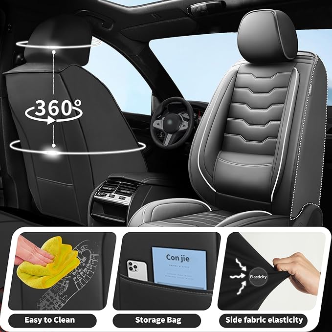 Fit Prius Car Seat Covers for Toyota Prius 2001-2025 2026 -Premium Leather, Waterproof，Breathable，All-Weather Seat Cushion Protecto & Airbag Compatible, 2 Front Seat White Line Black