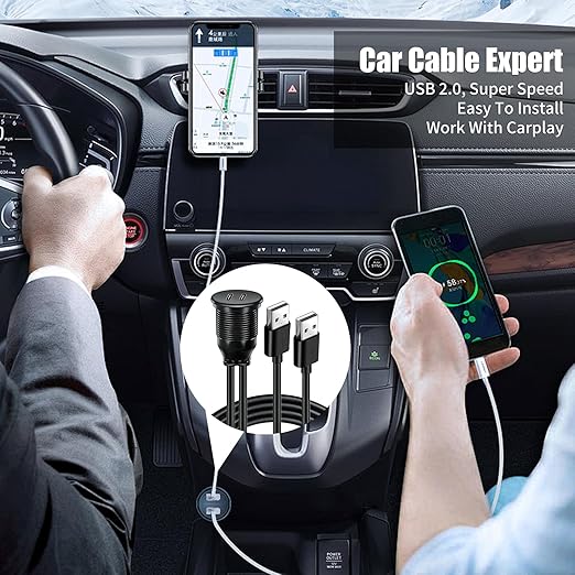 Dual Port USB A 2.0 Male to USB C 2.0 Female Extension Cable,Flush Mount Waterproof Panel Cable for Car,Truck,Boat,Motorcycle Dashboard 3.3ft