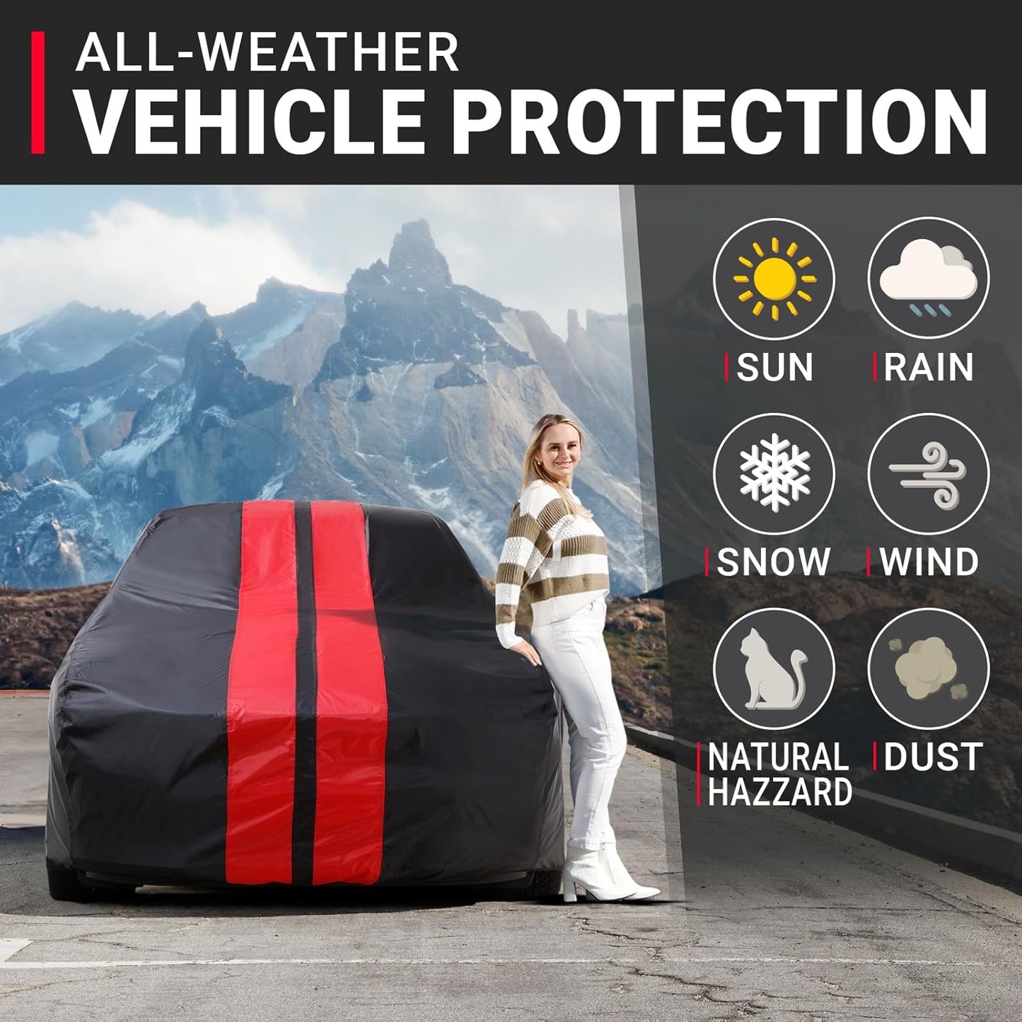 iCarCover Custom Car Cover for Chevy Deluxe 2-Door Coupe, 4-Door Sedan (1940-1952) Waterproof All Weather Rain Snow UV Sun Protector Full Exterior Indoor Outdoor Car Cover (Stripe - Black/Red)