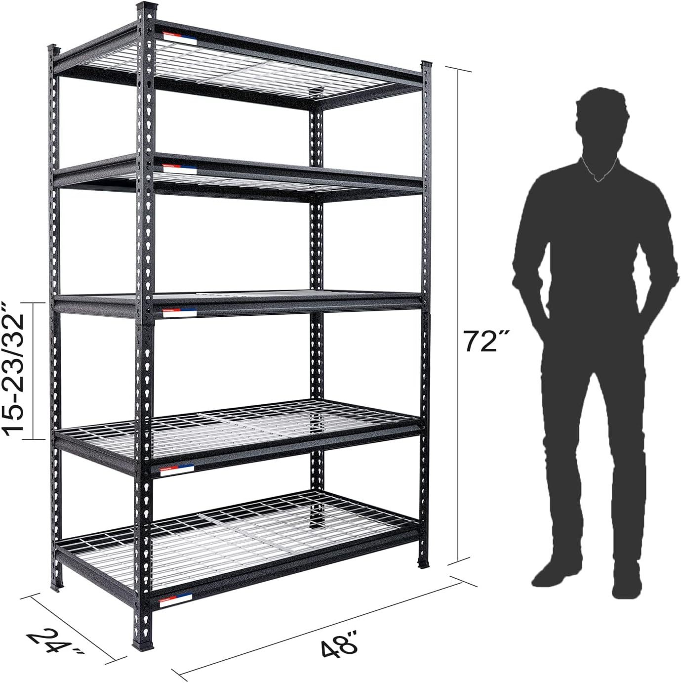 WORKPRO 5-Tier Metal Storage Shelving Unit, 48”W x 24”D x 72”H, Adjustable Storage Rack Heavy Duty Shelf, 4000 lbs Load Capacity (Total), for Garage, Kitchen, Bathroom, Warehouse, Black/Sliver