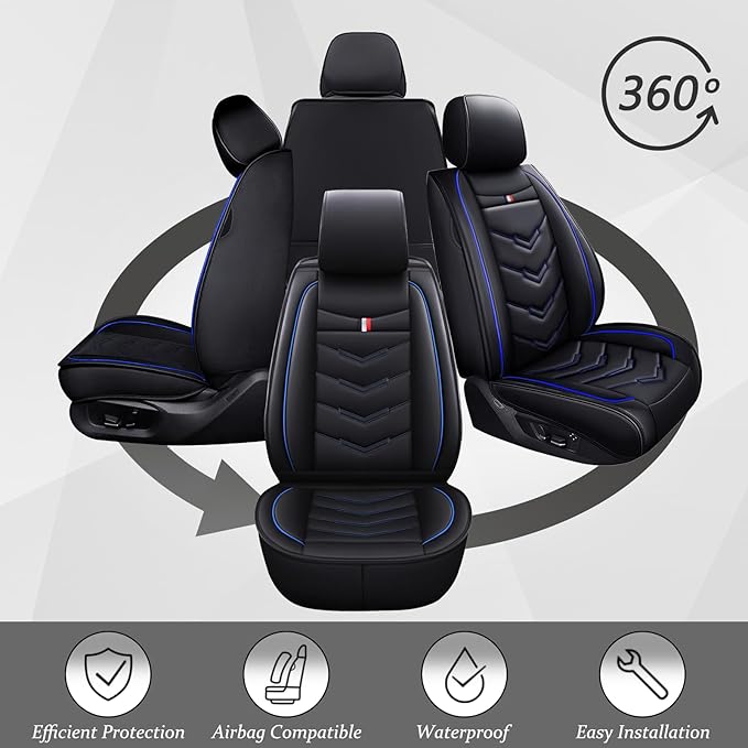 Car Seat Cover for Ford Explorer 2000-2025, Waterproof Durable Compatible Airbag, Premium Leather Seat Protector(2 Seats Luxury,Black Blue)