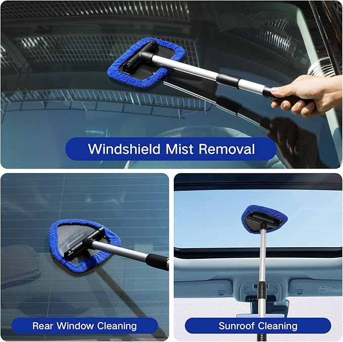 Qydipclin 7pcs Windshield Cleaner Tool Car Window Cleaning Wash Kit with 4 Reusable Microfiber Pads 1 Spray Bottle and Extendable Handle Auto Glass Wiper Kit, Multicolor