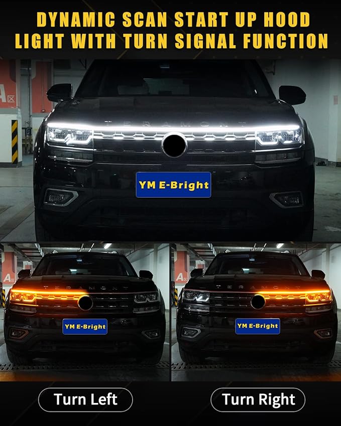 Dynamic Scan Start Up Hood Light Strip Sequential Flowing Turn Signal Lights Flexible DRL Daytime Running Car Led Light Strip Exterior, Dual Color Amber White Switchback 12V 79inch (1 Set)