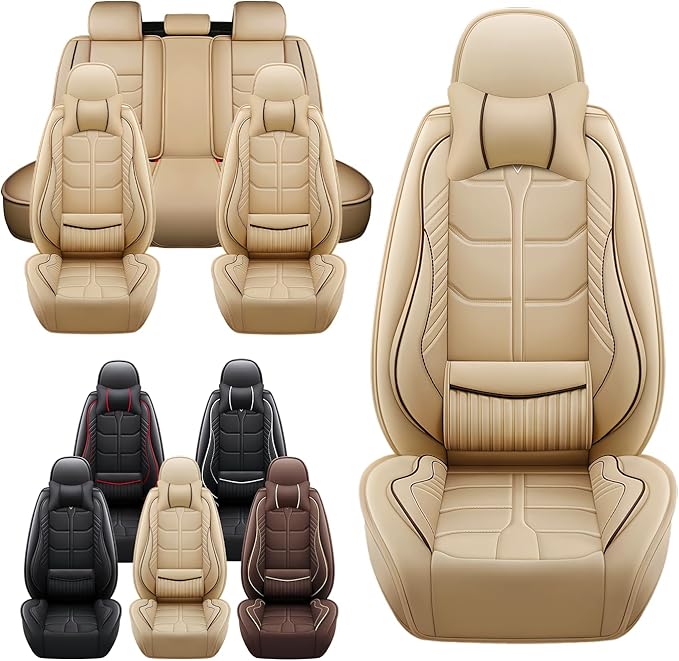 Leather Car Seat Covers Fit for Toyota Prius Prime 2017-2024, 5 Seater Car Seat Cover, Premium Waterproof, Scratch Resistant Car Interior Accessories (Full Set with Pillow Beige)
