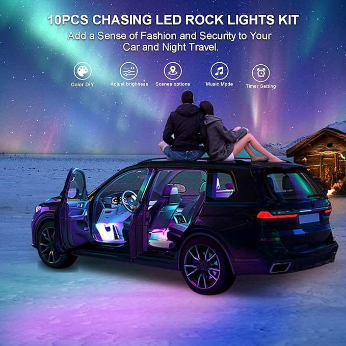 12 Pods RGB+IC LED Rock Lights for Trucks Golf Cart ATV UTV SUV Offroad, Smart Sync Music Chasing Rock Lights with APP/RF Control, Waterproof Dream Color Car Underglow Kit Vehicle Underbody Light