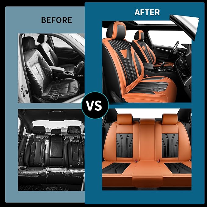 Fit Frontier Car Seat Covers Compatible with Nissan Frontier 2010-2025 2026 - Premium Leather， Waterproof， All-Weather Seat Cushion Protecto&Airbag Compatible (2 Front Seat Orange&Black)