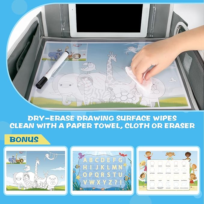 MENZOKE Kids Travel Tray for Boys or Girls, Travel Tray for Kids Car Seat with Tablet Holder, Dry Erase Board & Cooler Cup Holder, Road Trip Essentials Accessories for Car Trip, Airplane (2 Pack)