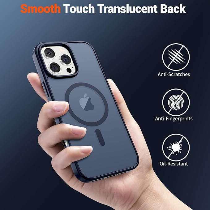 SUPFINE Magnetic for iPhone 16 Pro Max Case with Screen Protector (Compatible with MagSafe) (Military Grade Drop Protection) Translucent Matte Shockproof Phone Cover,Dark Blue