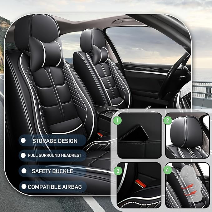 Leather Car Seat Covers Fit for Toyota Corolla Hybrid 2020-2024, 5 Seater Car Seat Cover, Premium Waterproof, Scratch Resistant Car Interior Accessories (Full Set with Pillow Black White)