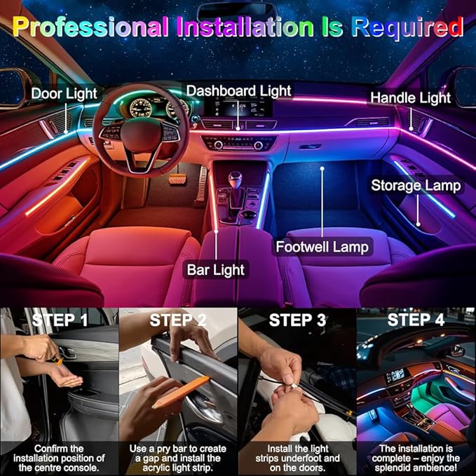 Acrylic Interior Car Ambient Lighting, Interior RGB LED Strip Kit with Music Sync Mode, 55 Inch Length Suitable for Pickup, Trucks, SUV and Large Vehicles (18 in 1)