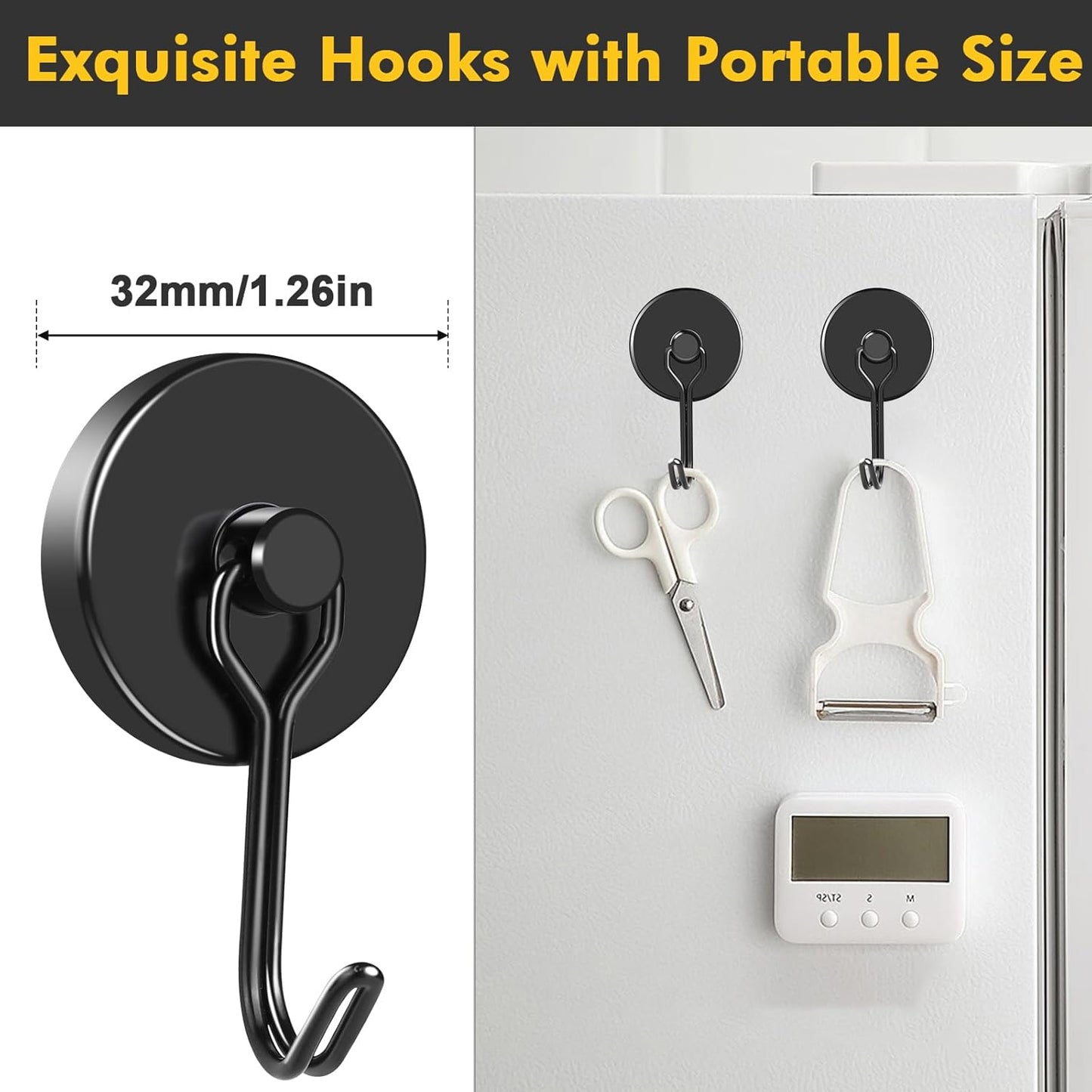 MIKEDE Magnetic Hooks, 110LB Heavy Duty Neodymium Black Magnet Hooks, Strong Swivel Magnetic Hooks Rust Proof for Indoor Outdoor Hangers Hanging, Fridge, Garage, Cruise, 6 Pack