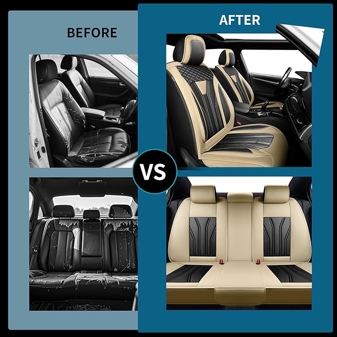 Fit Versa Car Seat Covers Compatible with Nissan Versa 2008-2025 2026 - Premium Leather， Waterproof Breathable， All-Weather Seat Cushion Protecto&Airbag Compatible (2 Front Seat Beige&Black)
