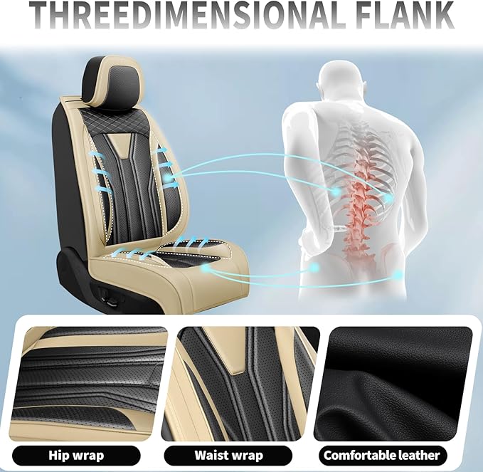 Fit Leaf Car Seat Covers Compatible with Nissan Leaf 2012-2025 2026 - Full Set Premium Leather， Waterproof Breathable， All-Weather Seat Cushion Protecto&Airbag Compatible （Beige & Black