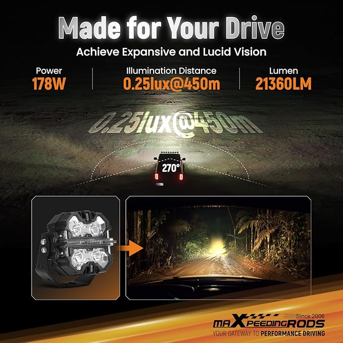 maXpeedingrods 5 Inch 178W Off Road Lights, LED Pod Light 21360LM with Amber/White DRL 3 Modes, 270°Side Shooter for Trucks Jeep Pickup UTV ATV Motorcycles Spot Ditch Light with Black Covers