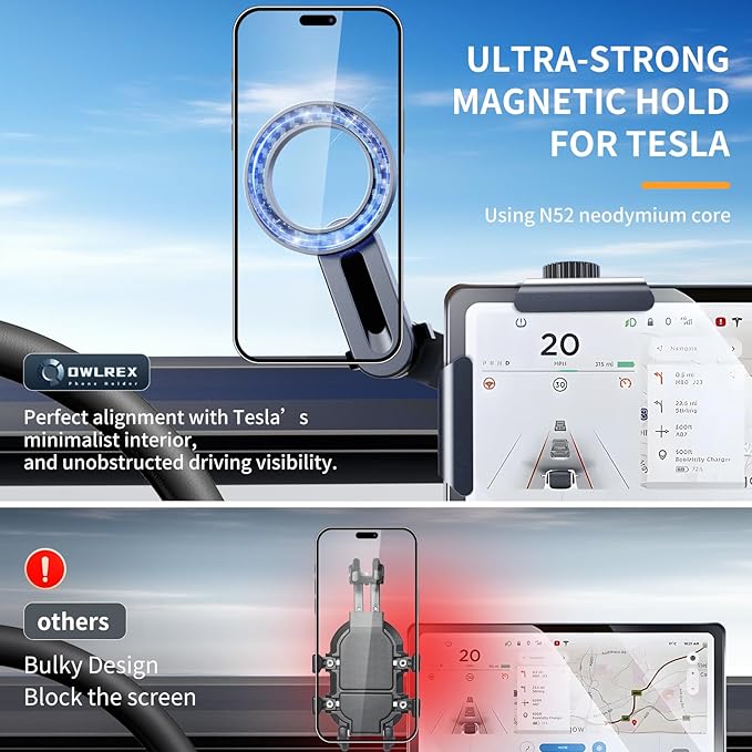 MagSafe Tesla Phone Mount for Model 3/Y/S/X/Cybertruck - Magnetic Car Phone Holder with N52 Strong Magnet 360°Rotatable Alloy Stand Silicone Pad Screen Safe & Universal Fit Sunshine Orange