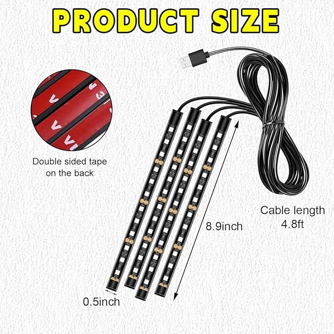Car LED Strip Light, 48 LEDs RGB Neon Interior Atmosphere Lights, 12V Under Dash Ambient Night Light, USB Port Auto Interior Decorative Lamp, Universal Car Accessories (Ice Blue)