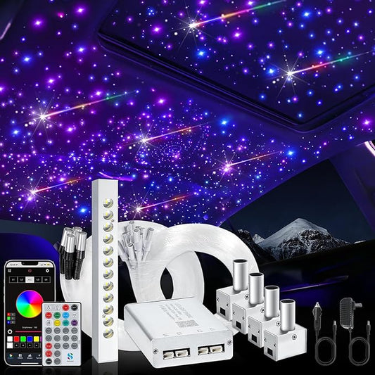 Split Car Starlight Headliner Kit, 4 Colors 12W Meteor Fiber Optic Star Ceiling Lights, 1000pcs*0.02in*9.8ft+240 RGBW Shooting Stars Lights for Car Home Theaters Roof Décor