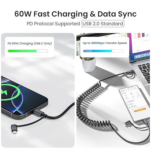 Basesailor for iPhone 17 16 Pro Max Car Charger Cord Coiled 3.3FT,4 in 1 USB C Coil 60W Multi Type C Fast Charging Cable with USB and Lightning Adapter for CarPlay,Apple 15 14 13 12,S26 S25,iPad Air 5