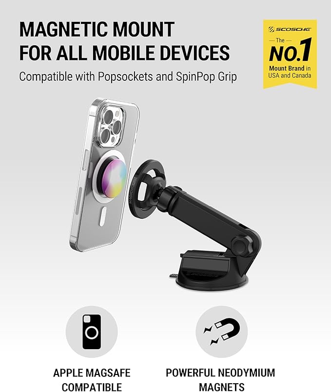 Scosche MagSafe Car Mount, Suction Cup Magnetic Windshield/Dashboard Cell Phone Holder with Vent Clip & Adjustable Flip Arm Compatible with PopSockets Grips, iPhone 16/15/14/13/12, Samsung Galaxy