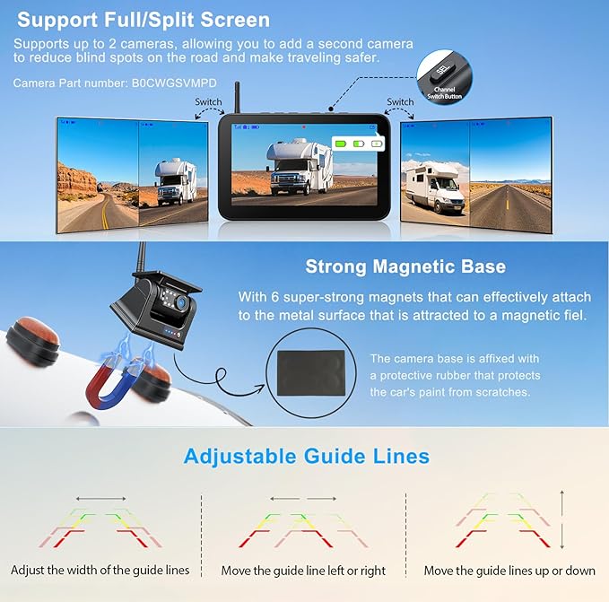 Magnetic Solar Wireless Backup Camera 1080P 7" DVR Monitor, Rechargeable RV Camera Wireless System for Hitch Towing Travel RV Camper 5th Wheel, Built-in 9600mAh Battery & Solar Panel -ZEROXCLUB BD701