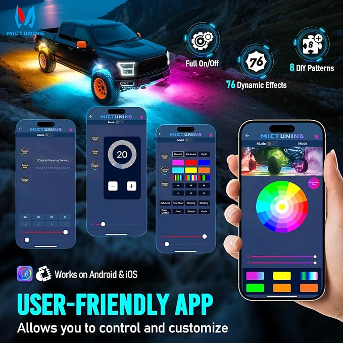MICTUNING Q1+ MAX 16 Pods Ultra-Bright RGB Rock Lights, Multi-Color Chasing Underglow Lighting, Extensible to 24 Pods, APP Music Sync & DIY Effects, IP68 Waterproof