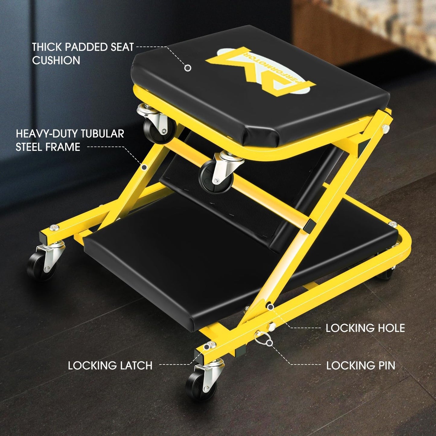 PM PERFORMOTOR 36 Inches Folding 2 in 1 Rolling Z Creeper, Adjustable Roller Garage Chair Lay Down or Sit, 6 Pcs 2" Casters, 150kg Weight Capacity, Yellow,PM-TOL-CPS36-YL