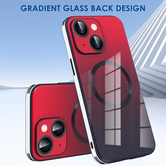 Guppy Compatible with iPhone 15 Plus Case Magnetic, with Full Camera Lens Protector [Compatible with MagSafe] Scratch Resistant Gradient Glass Back Cover Phone Case-Red