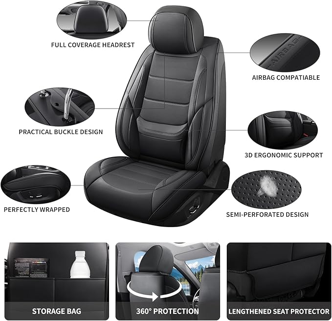 Car Seat Covers Full Set Custom Fit for Ford Focus 2000-2018 - Premium Faux Leather with Lumbar Support, Breathable, Anti-Slip & Full Wrapping Edge (Black,Full Set)