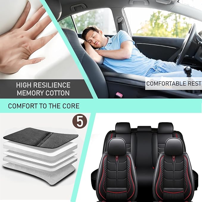 Leather Car Seat Covers Fit for Toyota Yaris Sedan 2019-2020, 5 Seater Car Seat Cover, Premium Waterproof, Scratch Resistant Car Interior Accessories (Full Set Black Red)