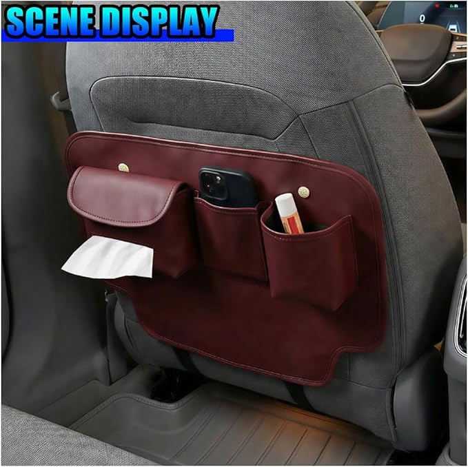 Leather Car Seat Back Organizer, Waterproof Car Seat Kick Mat with Cup Holder, Multifunctional Backseat Storage Bag, Universal Auto Travel Seats Protector Accessories for SUV Truck (Red)