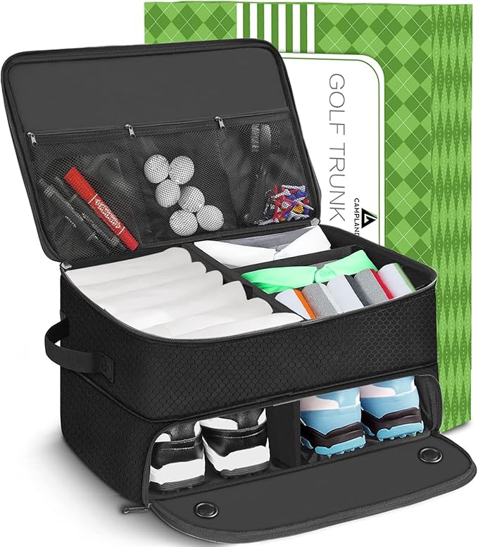 CAMPLAND 2 Layer Trunk Organizer, Waterproof Car Locker for 2 Pair Shoes, Durable Trunk Storage for Balls, Tees, Clothes, Gloves, Accessories, Golf Gifts