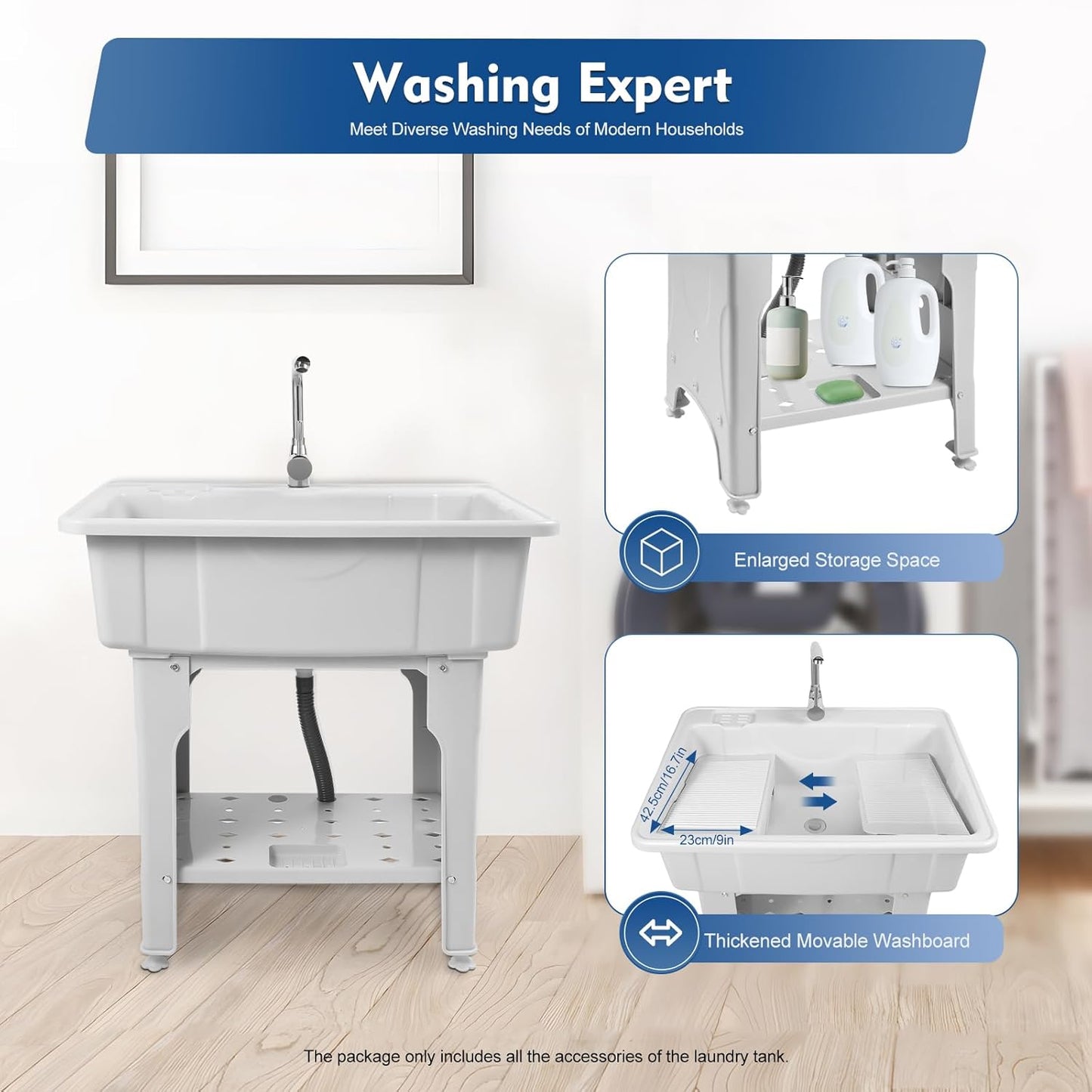Freestanding Utility Sink Plastic Laundry Tub Spacious Sink with Storage Shelf Indoor Outdoor Wash Station for Bathroom Washing Room (Gray, 31.5*22.05*31.5in)
