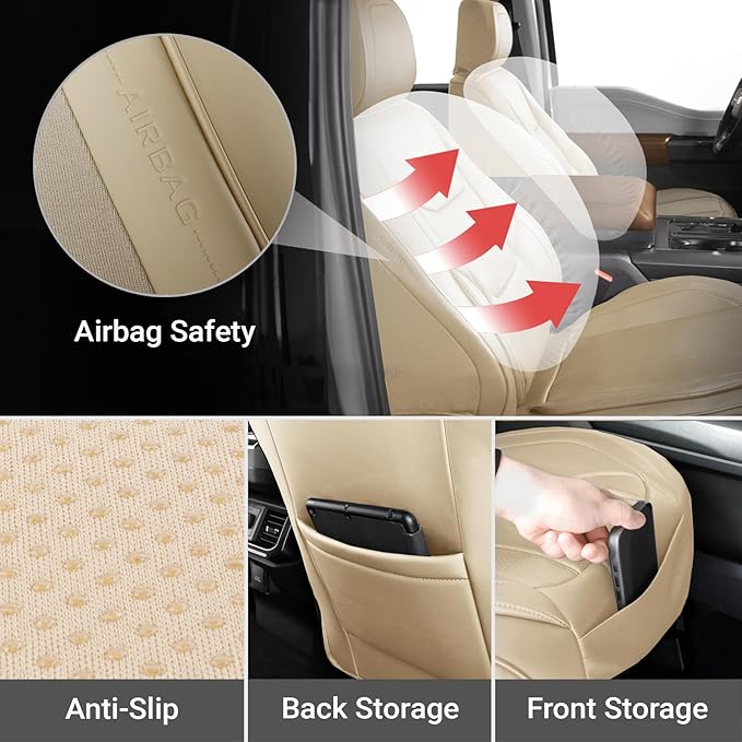 Coverland Custom Fit Car Seat Covers for SUV Compatible with [MDX, Santa Fe Hybrid, Commander, LX 570] Premium Water Resistant Leather Non-Slip Interior Protector [Front Beige - Size Chart A22]