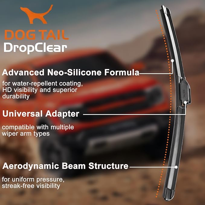 DOG TAIL Water Repellent Silicone Wiper Blades 20" 18" Set with Multiple Adapters and 2 Refills, Automotive Replacement Front Windshield Wiper Blades for My Car with Water Repellency Formula DropClear