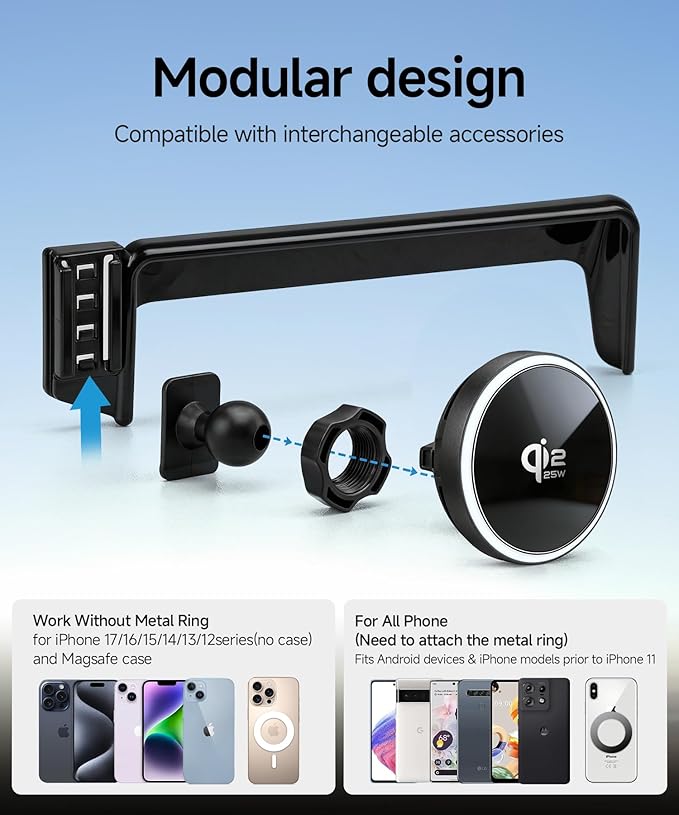 Qi2.2 Max 25W Fast Wireless Car Charger Phone Holder for Volkswagen ID.4 2024 2025 2026 / VW ID.Buzz 2025 2026 12.9-Inch Screen, Magnetic Phone Mount Compatible with MagSafe