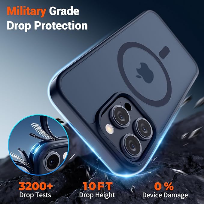 SUPFINE Magnetic for iPhone 15 Pro Max Case with Screen Protector (Compatible with MagSafe) (Military Grade Drop Protection) Translucent Matte Shockproof Phone Cover,Dark Blue