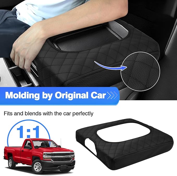 Autorder Center Console Cover for 2014-2018 Chevy Silverado/GMC Sierra Accessories Armrest Cover Anti-Scratch Middle Console Pad Leather Armrest Protector(ONLY for Split Bench Seat Console)